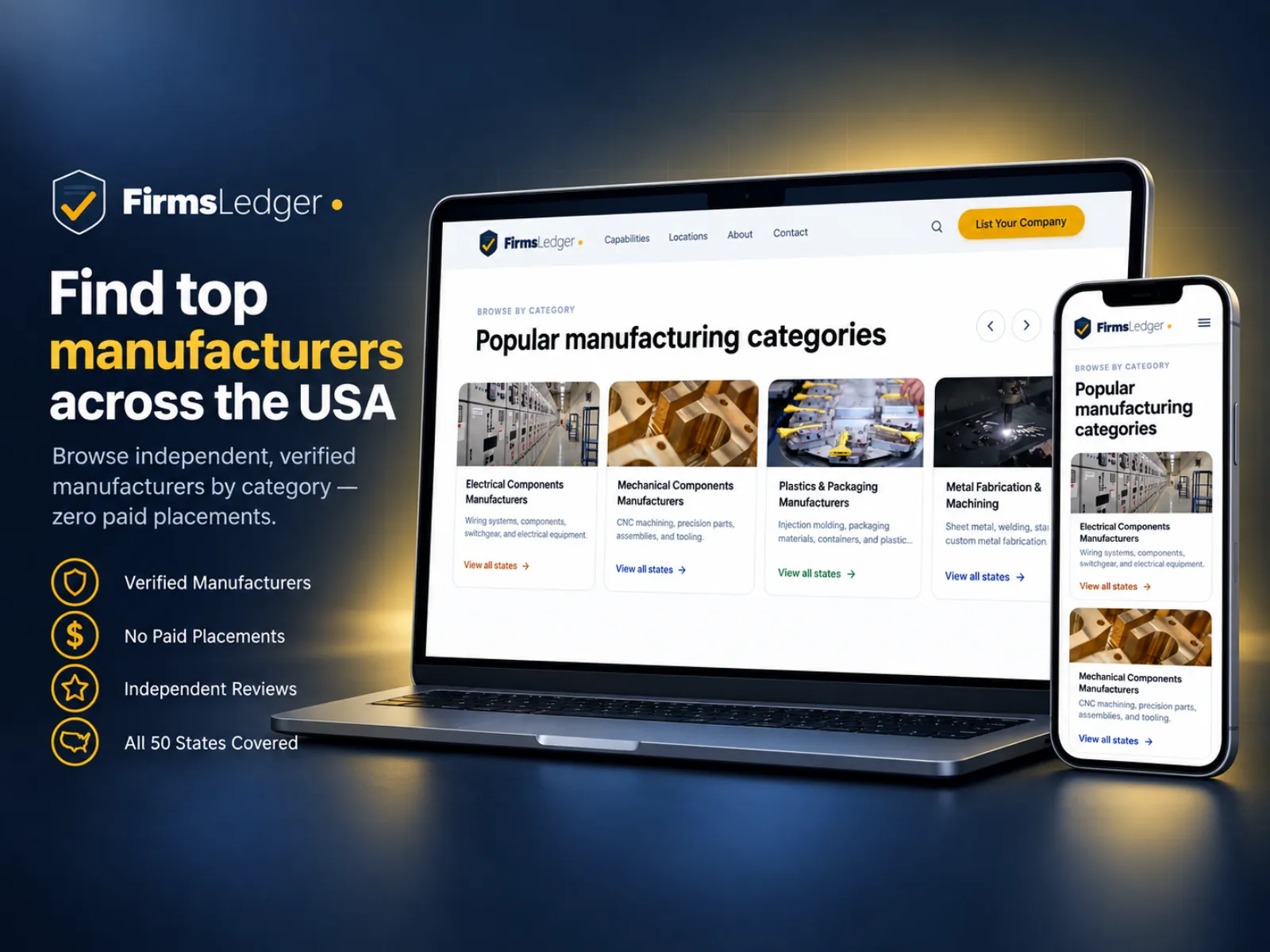 FirmsLedger homepage: find top manufacturers across the USA