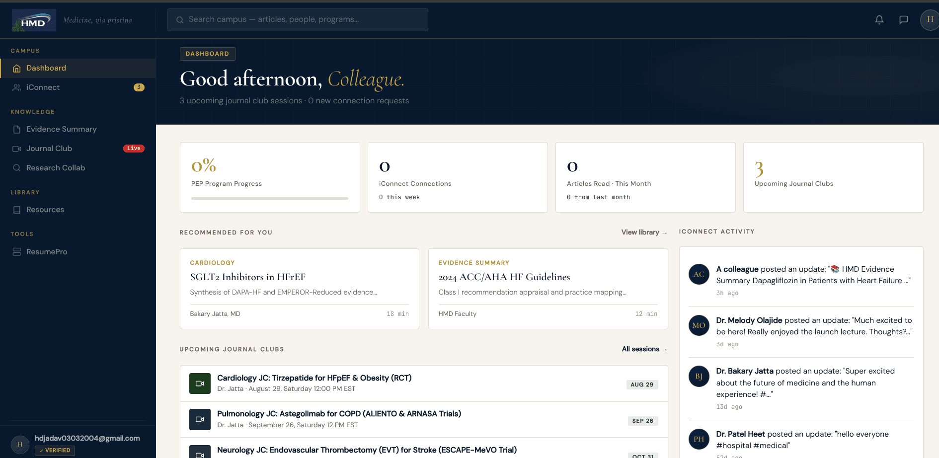 HMD — physician dashboard: Good afternoon, Colleague. Upcoming journal clubs and recommendations.