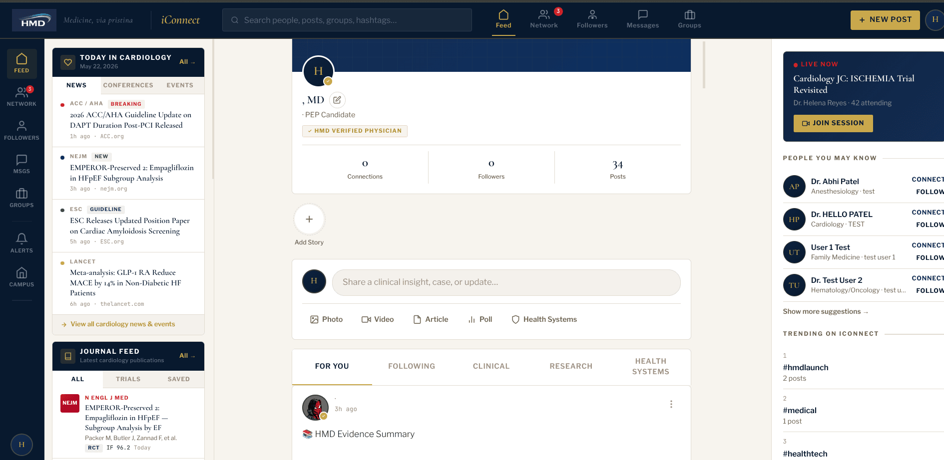 HMD — iConnect social feed with live journal club session and medical news