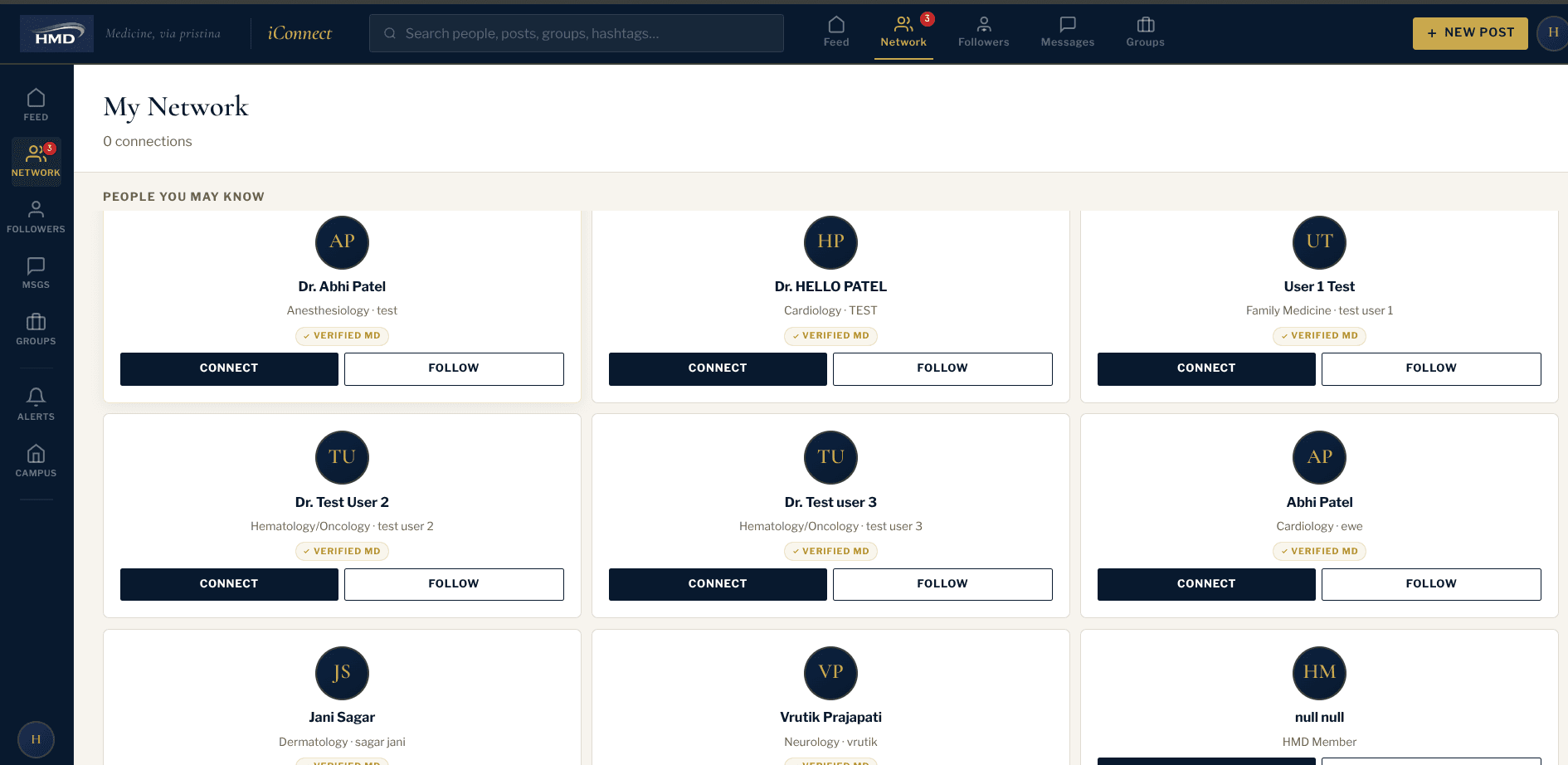 HMD — iConnect Network: physician connection cards with specialty and verification badges