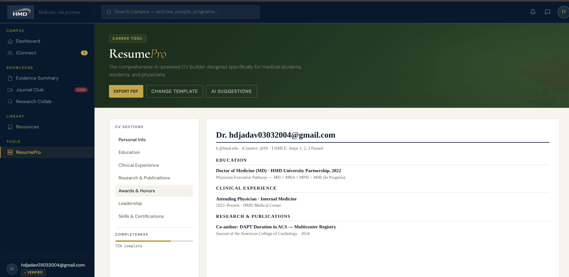 HMD — ResumePro: AI-powered physician CV builder with clinical experience and publications