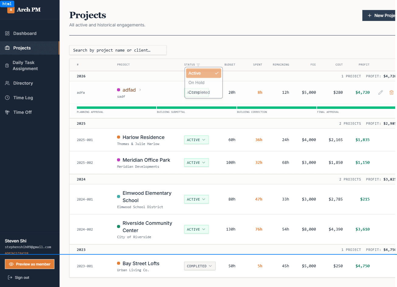 HourSheets — Projects list with budget, spent, remaining, fee, cost and profit per project
