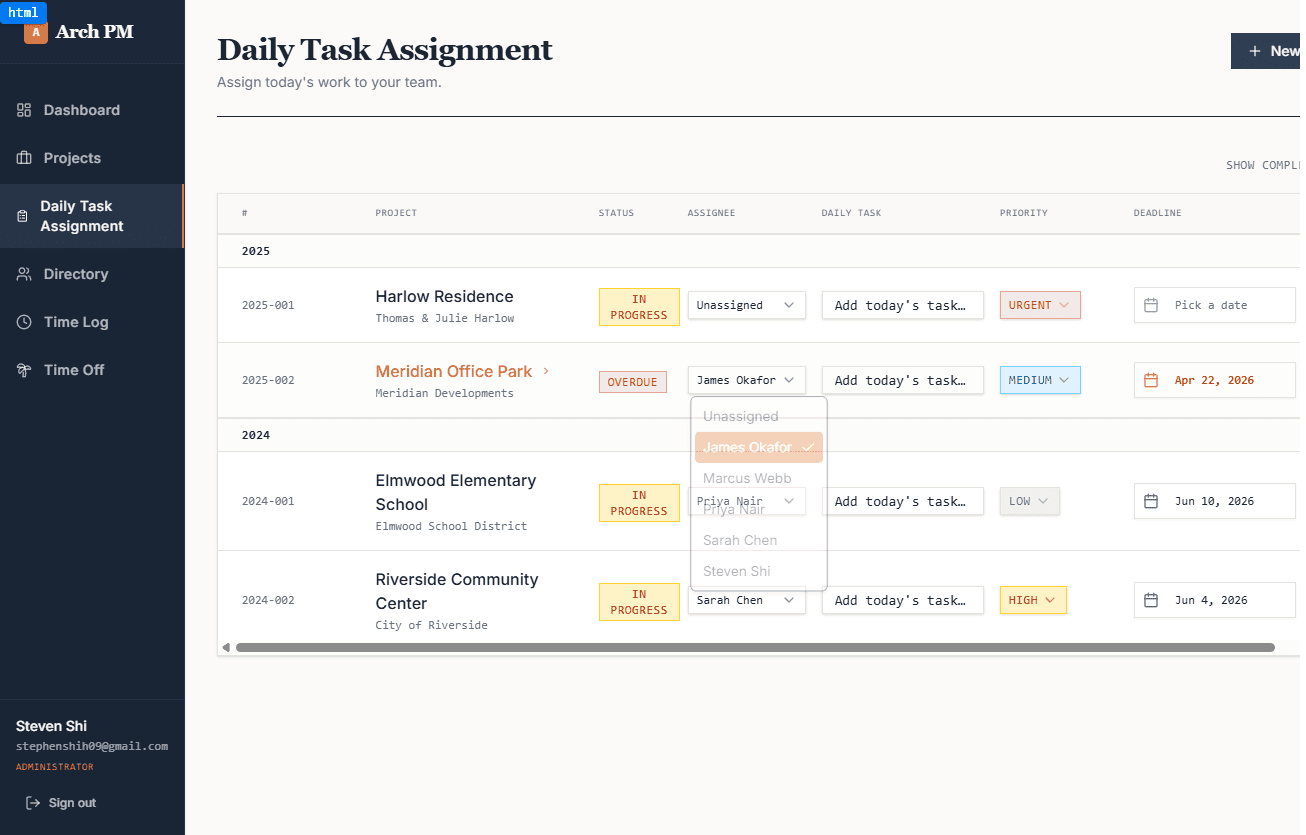 HourSheets — Daily Task Assignment view with status, assignee, priority and deadline per project