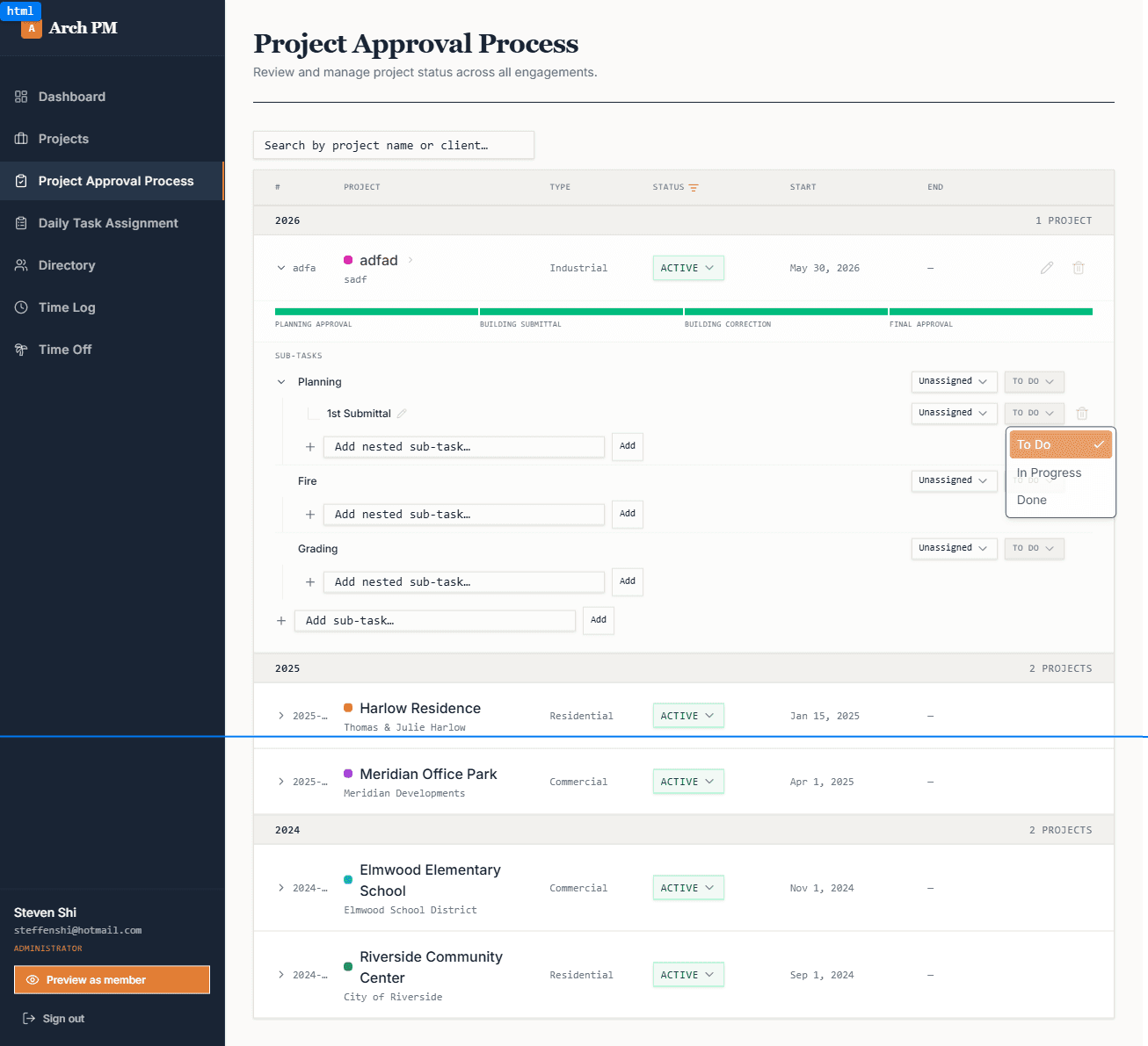 HourSheets — Project Approval Process with staged progress and nested sub-tasks