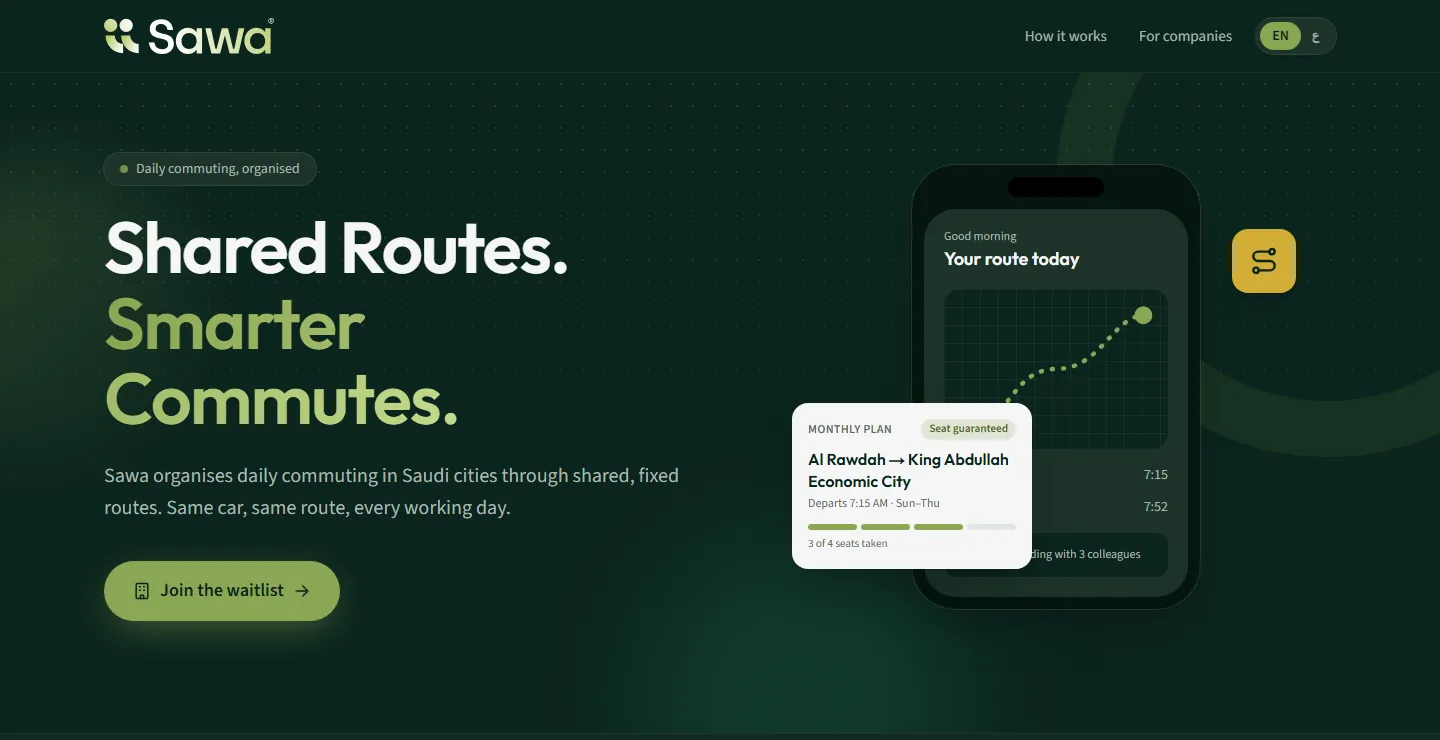 Sawa — A bilingual English/Arabic landing page for a Saudi shared-commuting startup, built RTL-ready from day one.