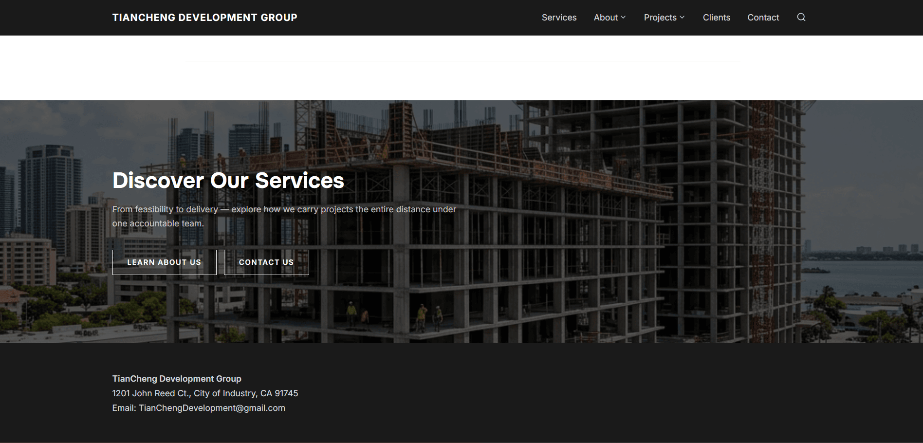 TianCheng Development Group — Discover Our Services section over a construction site photo