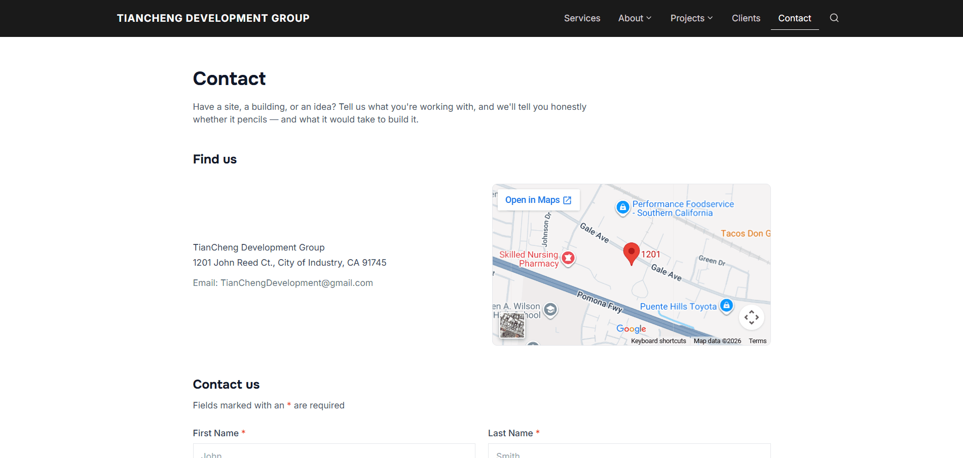 TianCheng Development Group — Contact page with embedded map and inquiry form