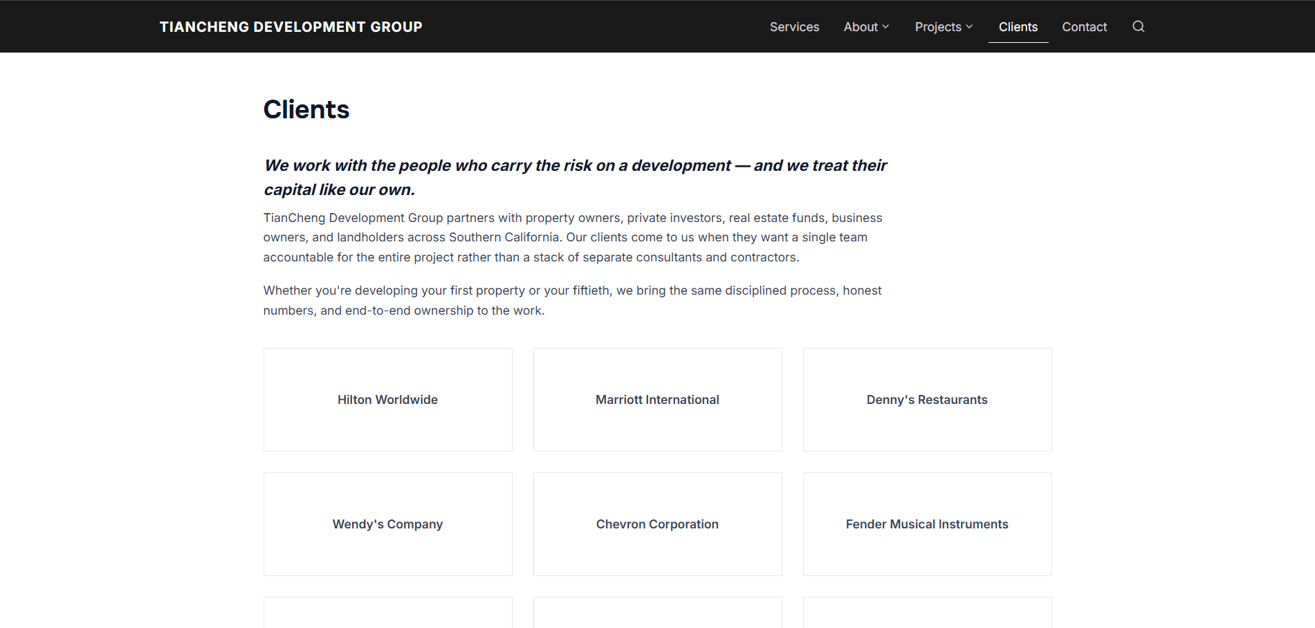 TianCheng Development Group — Clients page with Hilton, Marriott, Denny's, Wendy's, Chevron and Fender logos