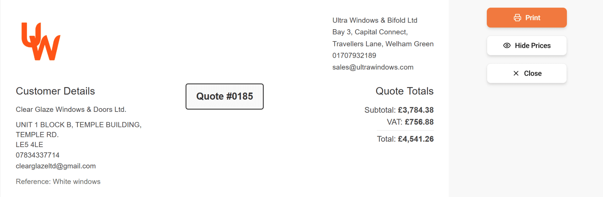 Ultra Windows — branded, print-ready quote sheet with line items, VAT and total