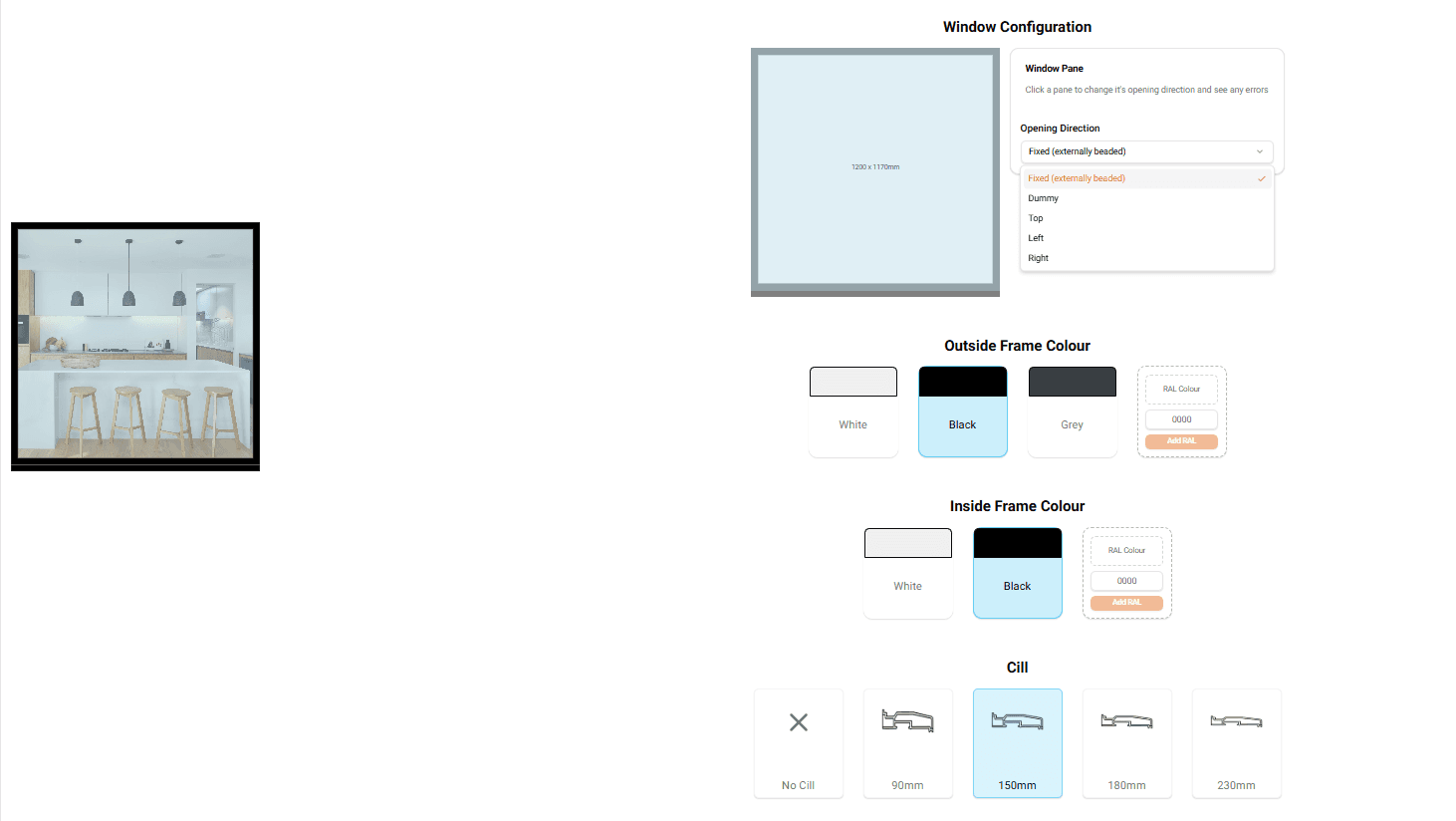 Ultra Windows — per-pane options: opening direction, RAL frame colours and cill