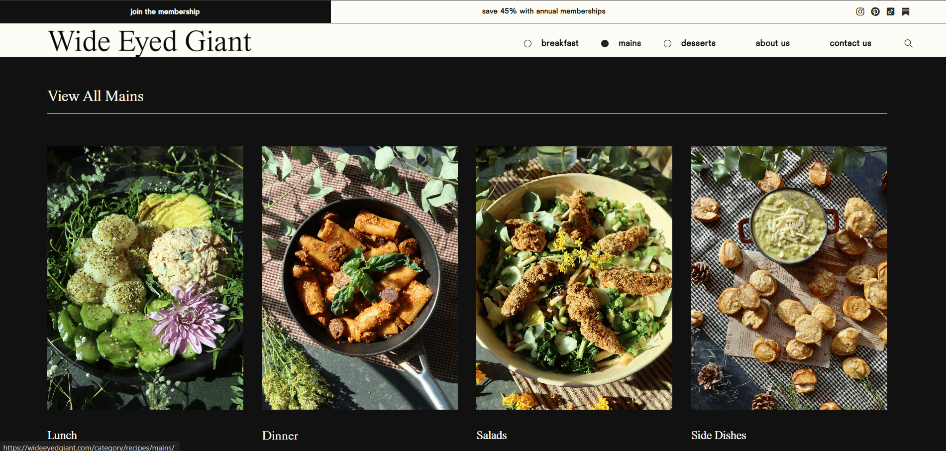 Wide Eyed Giant — View All Mains category page with Lunch, Dinner, Salads and Side Dishes