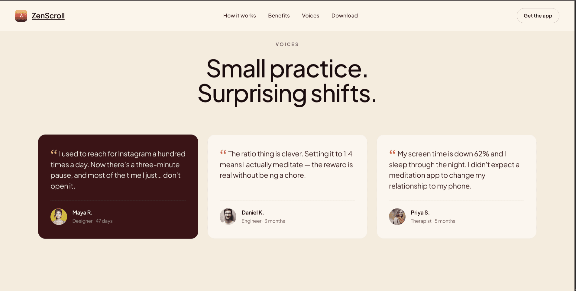 ZenScroll — Voices section: Small practice. Surprising shifts.