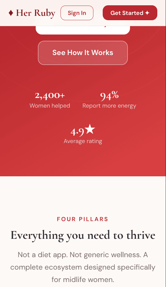 Herruby — social proof: 2,400+ women helped, 94% report more energy, 4.9 avg rating