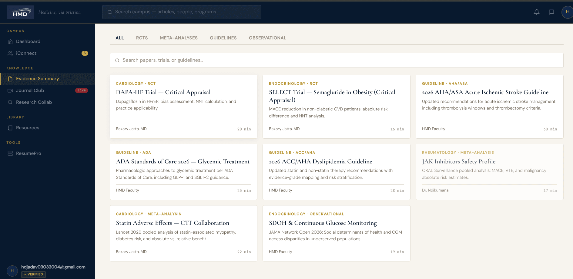 HMD — Evidence Summary library: curated clinical research papers across specialties