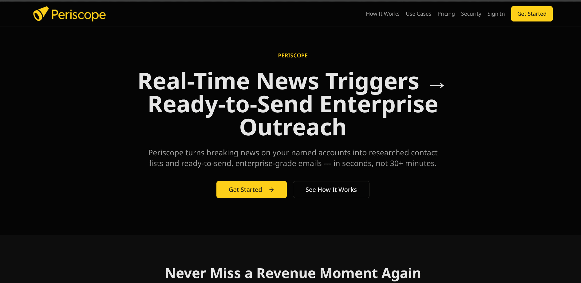 Periscope Email — homepage: Real-Time News Triggers → Ready-to-Send Enterprise Outreach