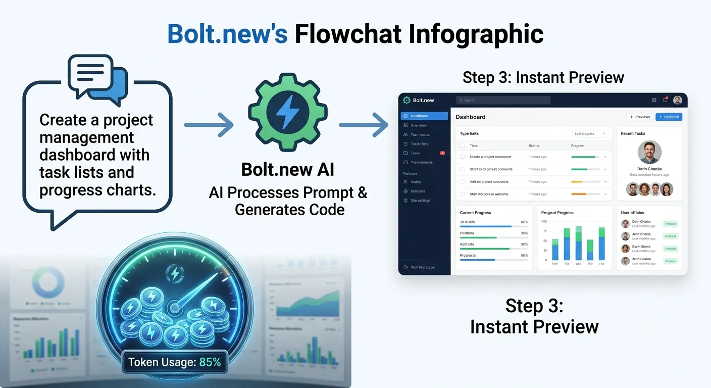 Bolt.new flowchart: a prompt goes in, the AI processes it and generates code, then shows an instant live preview