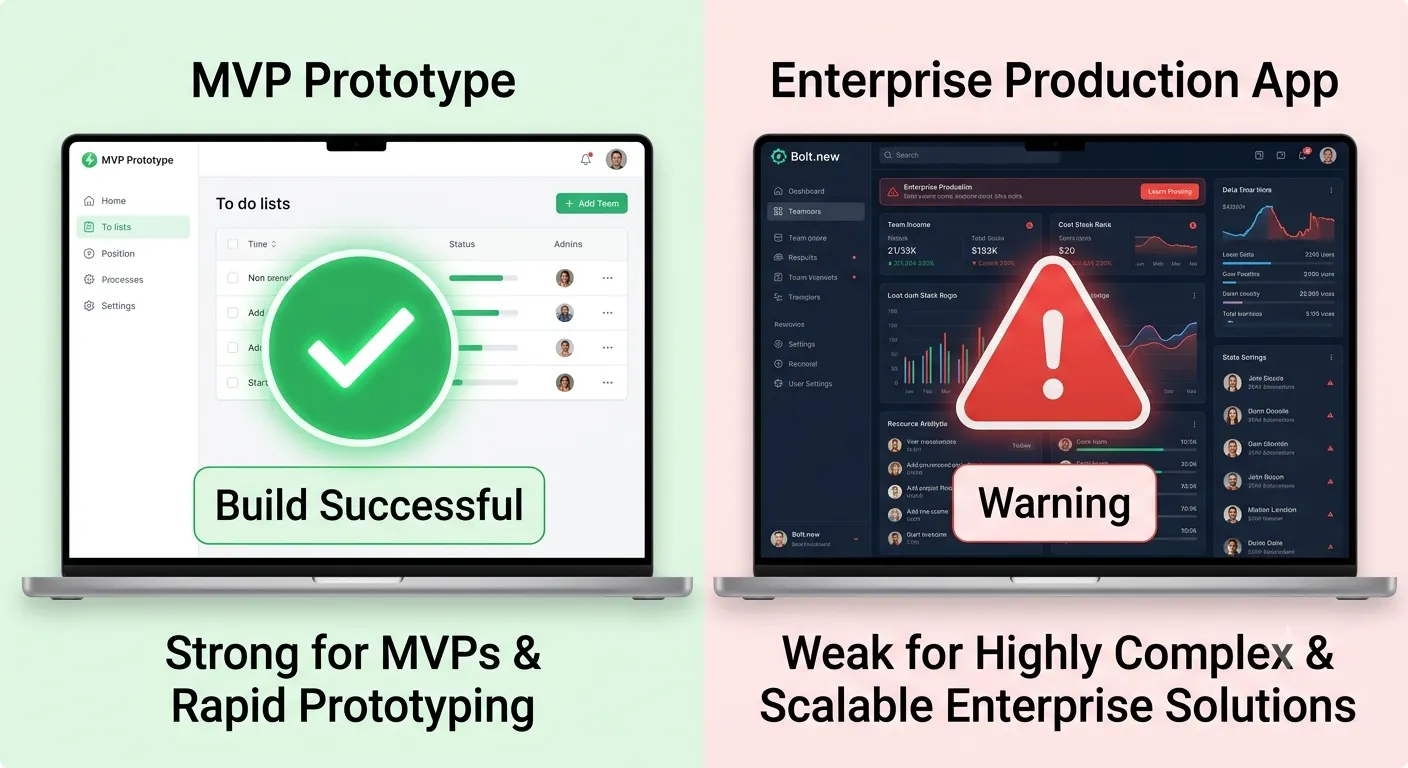 Side-by-side comparison: Bolt.new is strong for MVPs and rapid prototyping but weak for highly complex, scalable enterprise apps