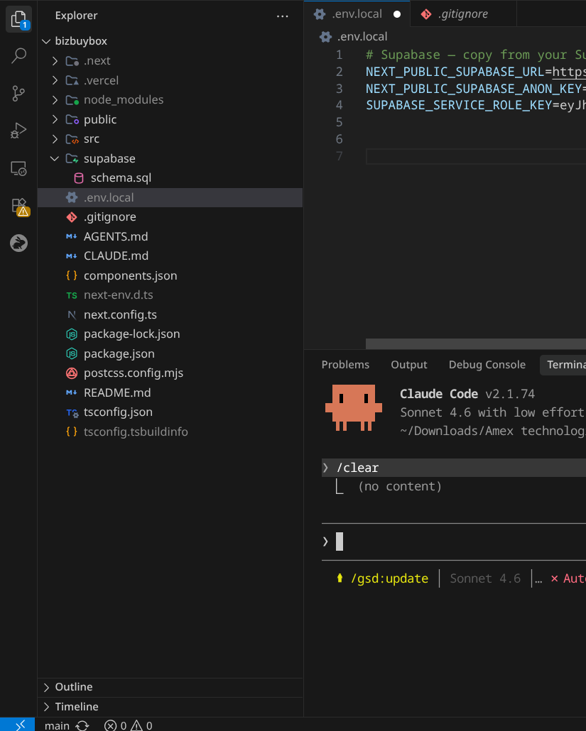 VS Code editor with .env.local file open — NEXT_PUBLIC_SUPABASE_URL and keys configured
