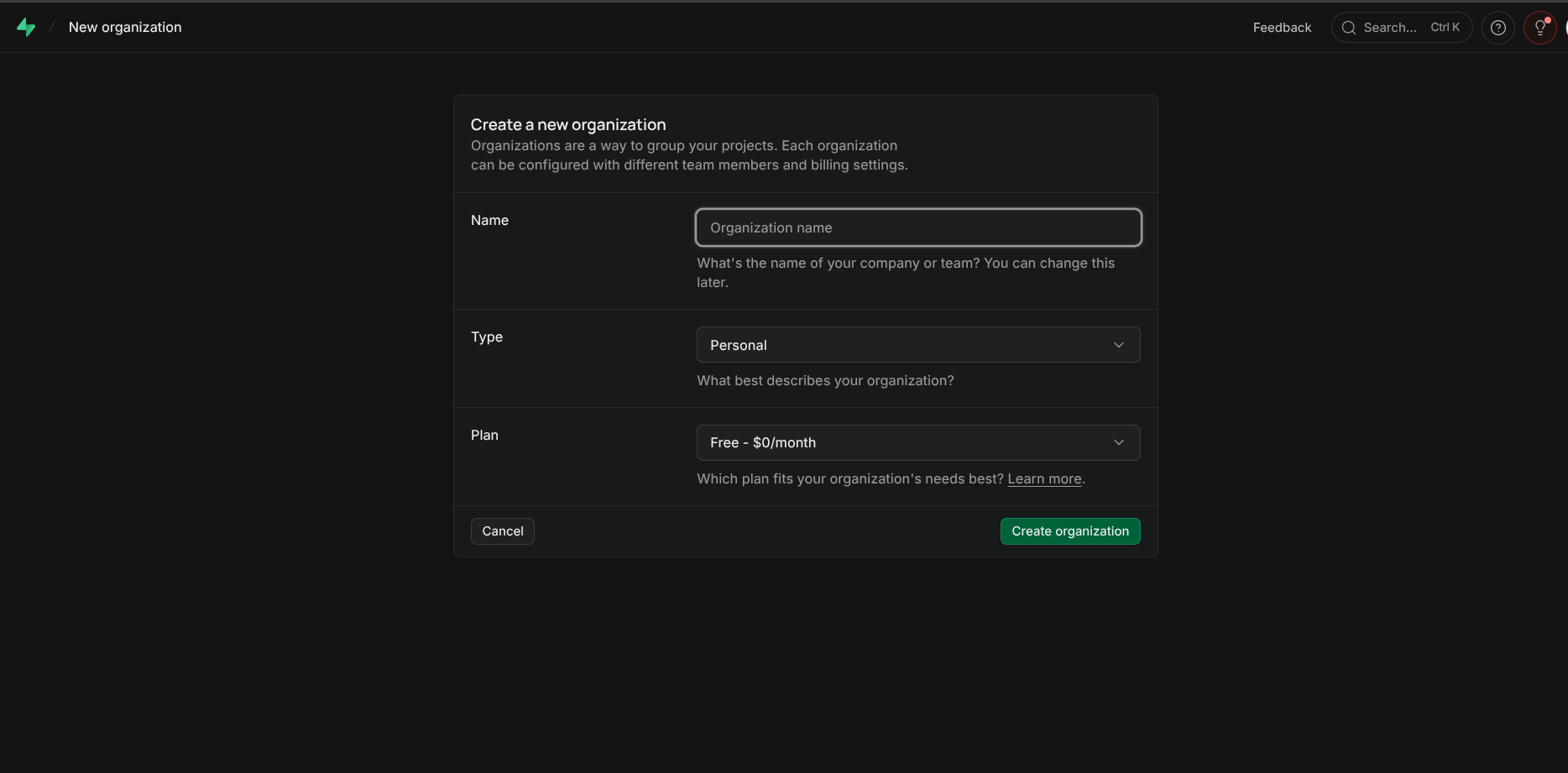 Supabase new organization creation screen — Name, Type, and Plan selection