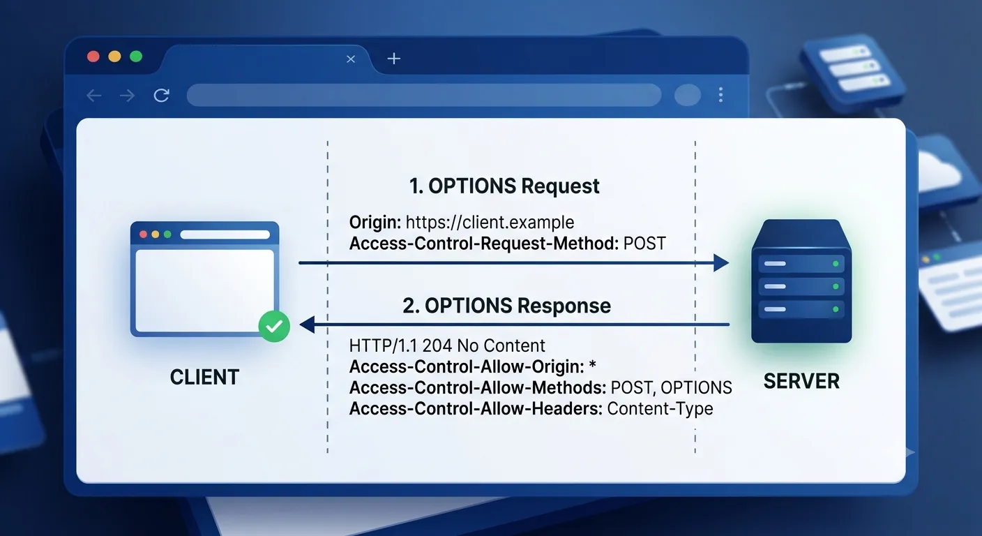 Browser client sending a preflight OPTIONS request and the server responding with Access-Control-Allow headers