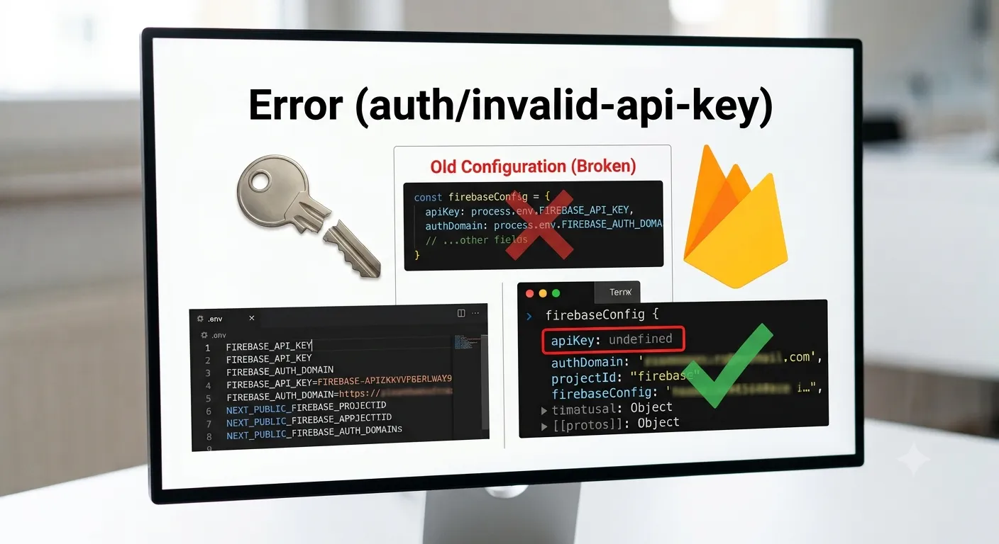 Old broken Firebase config next to a fixed config, with apiKey flagged as undefined before the fix