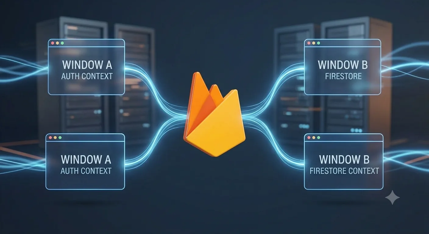 Two windows sharing the same Firebase app instance across auth context and Firestore context