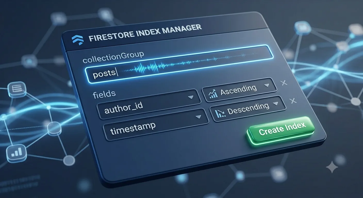 Firestore Index Manager pre-filled with the collectionGroup, author_id, and timestamp fields for a composite index