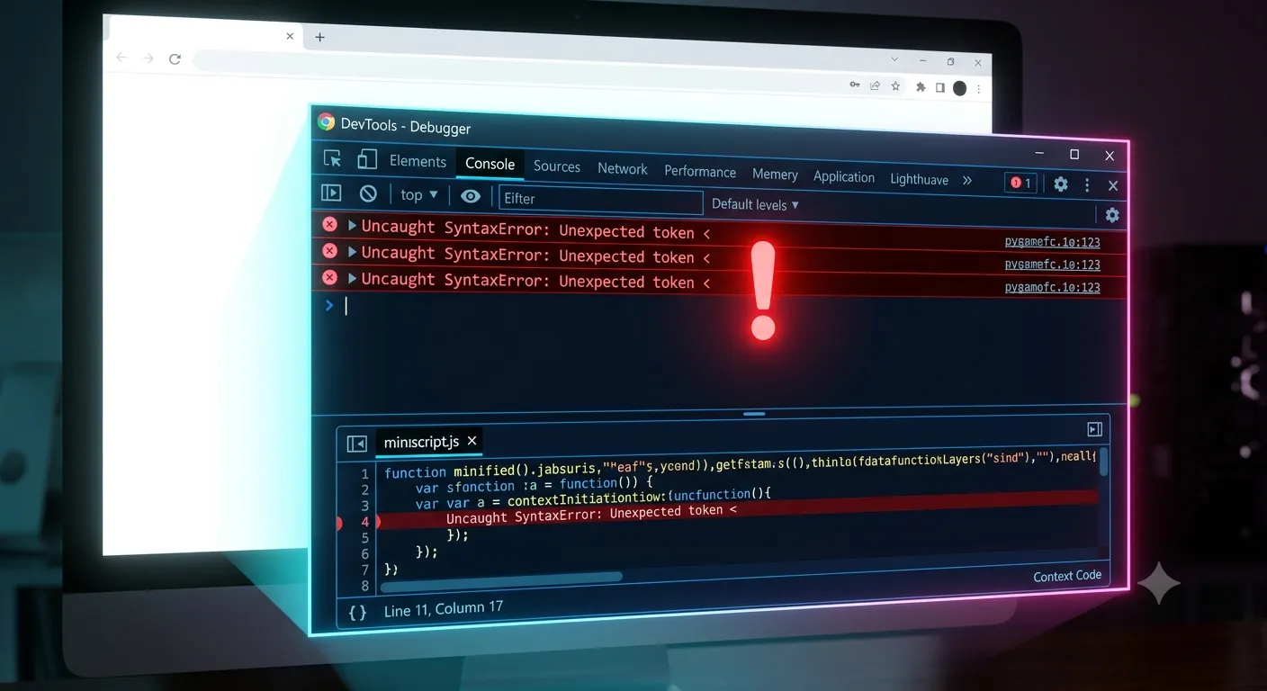 Browser DevTools console showing an Uncaught SyntaxError in a minified production script