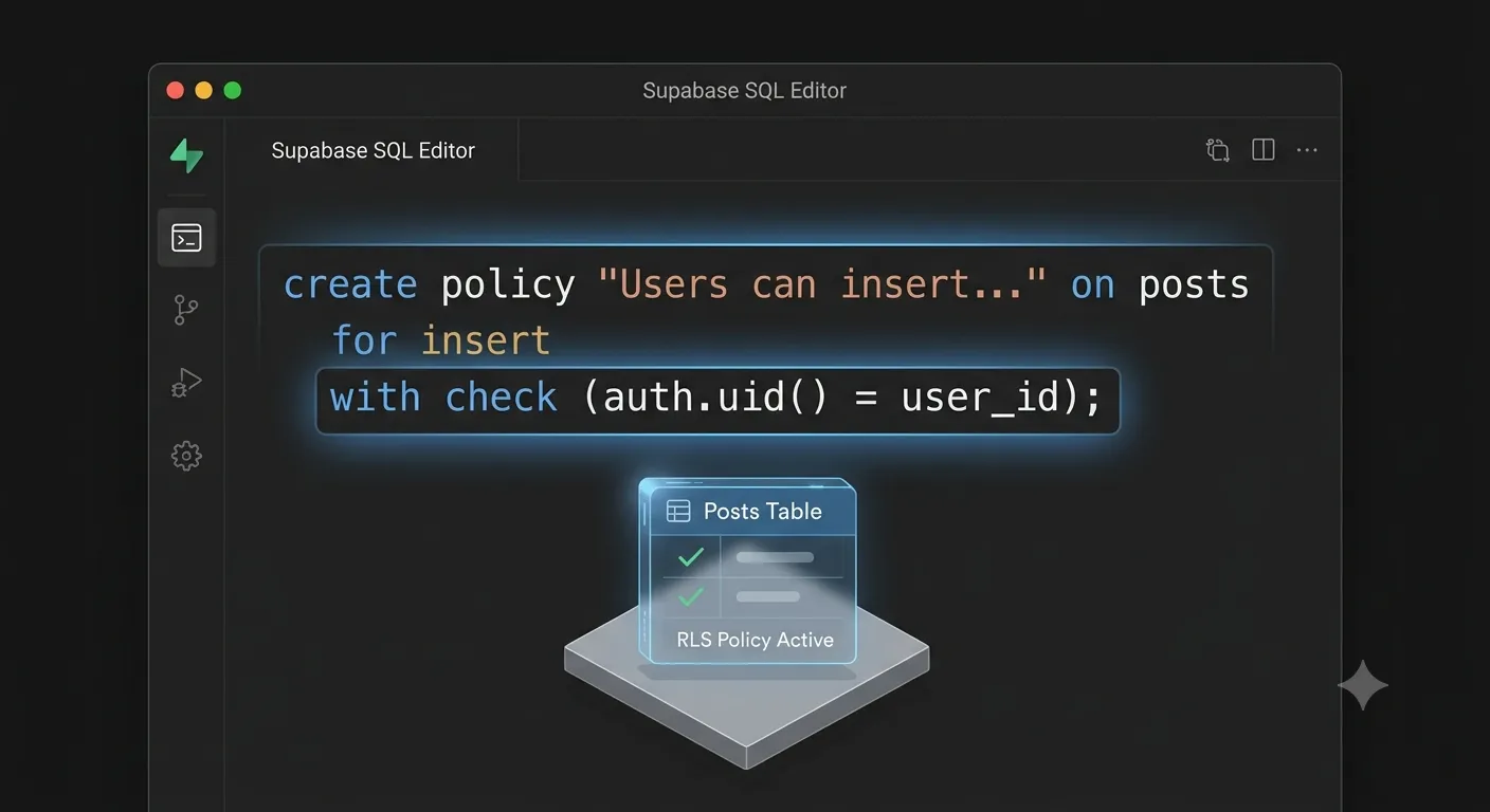 Client insert call with user_id set to user.id so it matches the RLS policy's auth.uid() check