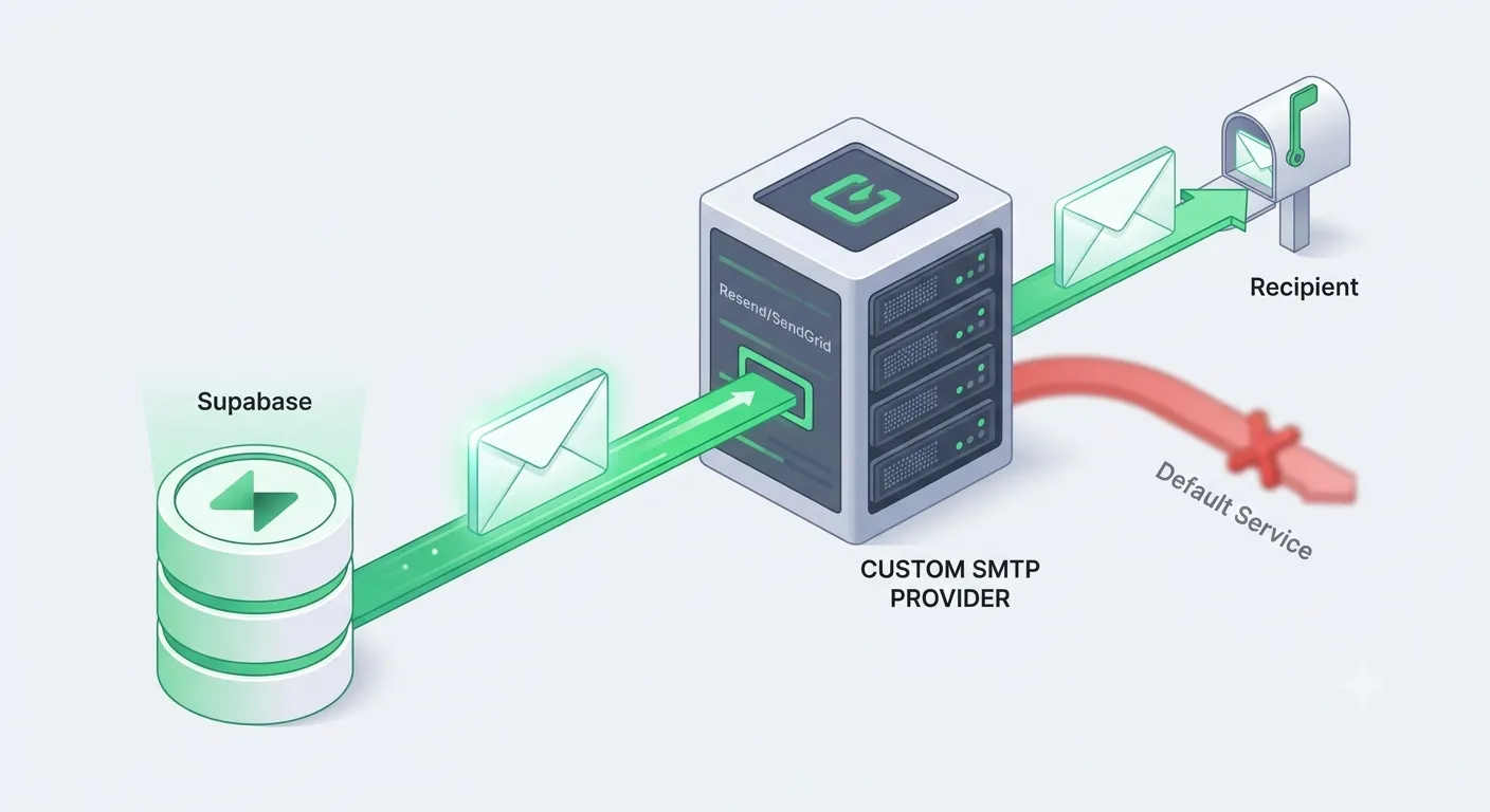 Email routed through a custom SMTP provider like Resend or SendGrid instead of Supabase's rate-limited default service