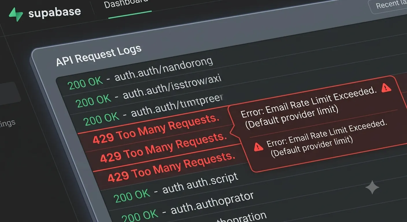 Supabase API request logs showing repeated 429 Too Many Requests errors for auth email calls