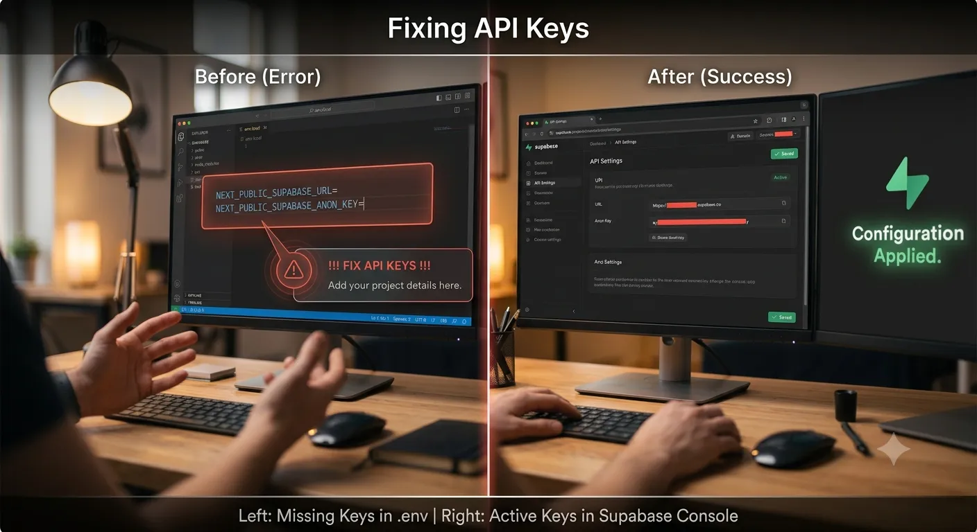 Before and after: missing keys in .env.local versus active keys in the Supabase API console