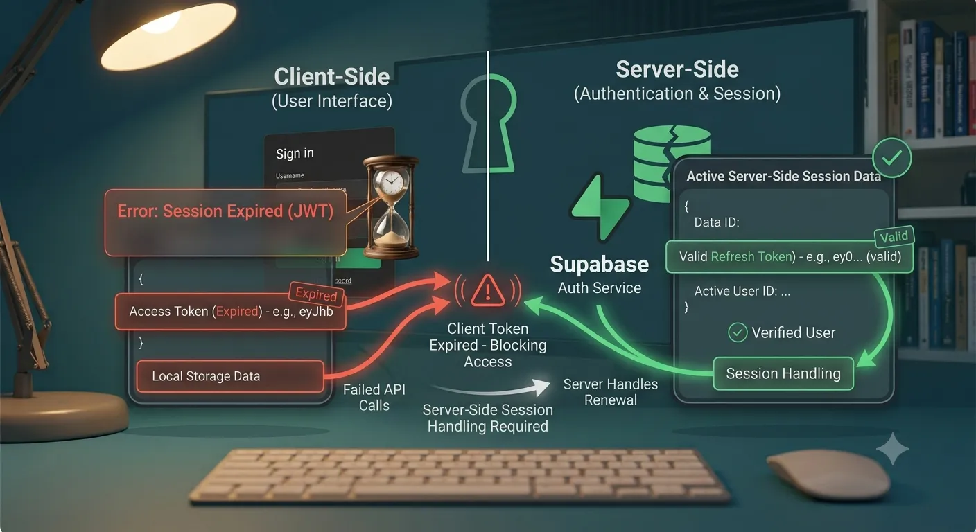 Client-side and server-side session handling split, showing an expired client token blocking access until the server renews it