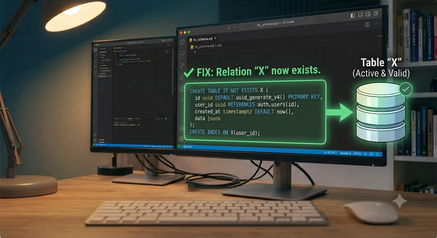 VS Code showing a CREATE TABLE IF NOT EXISTS migration that resolves the missing relation