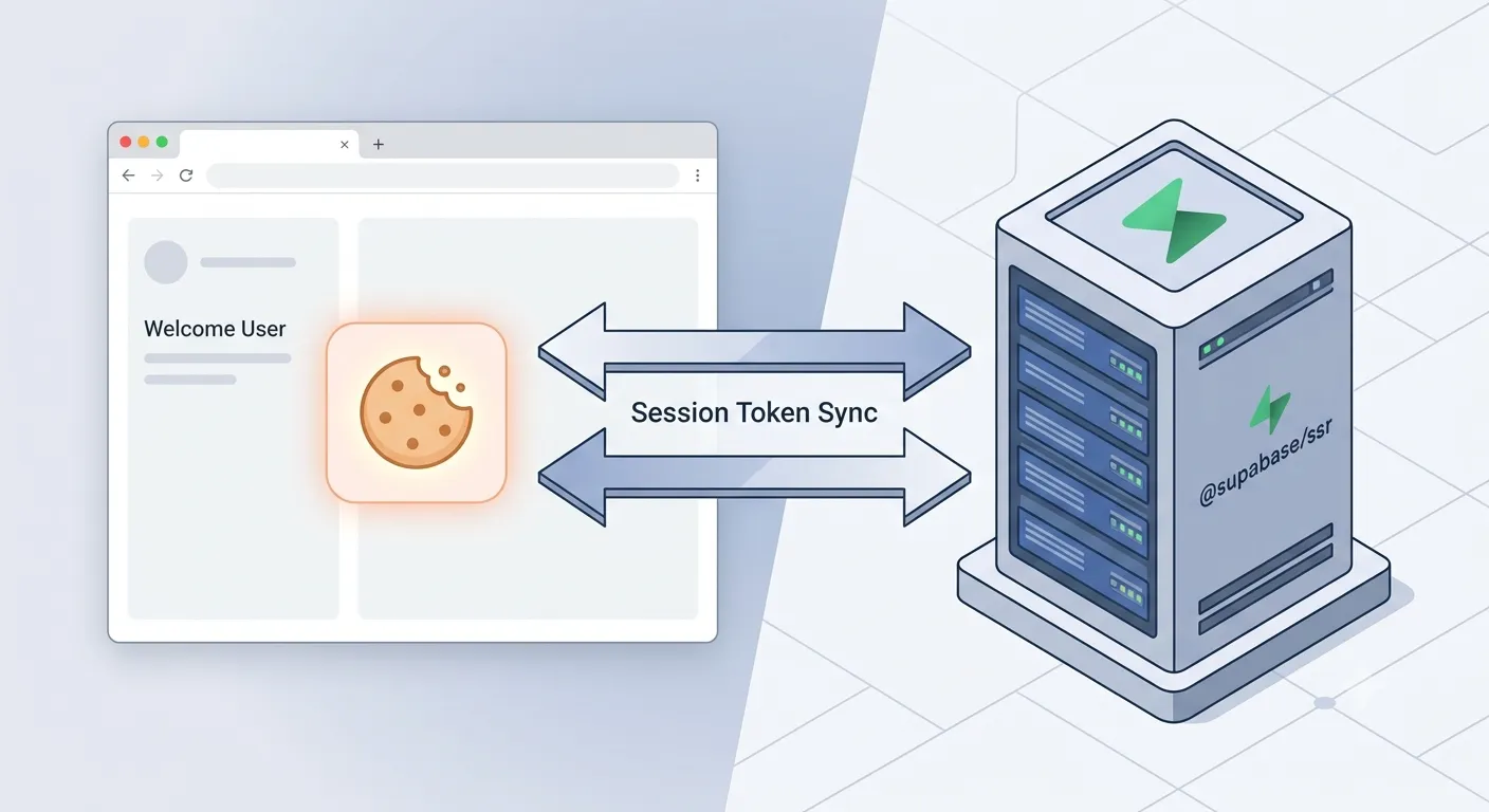 Session token synced between the browser cookie and the @supabase/ssr server client
