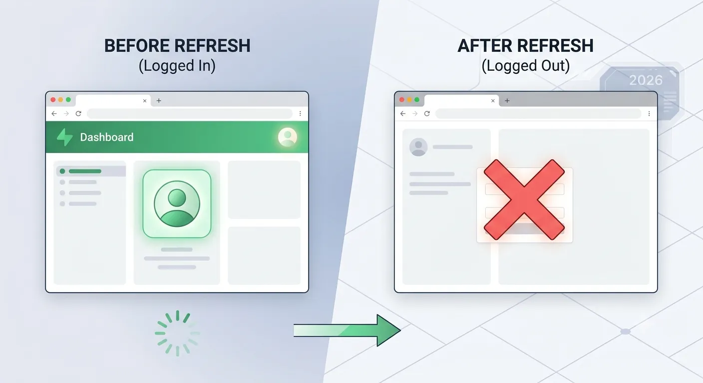 Dashboard showing a logged-in user before a page refresh and a logged-out state after the refresh