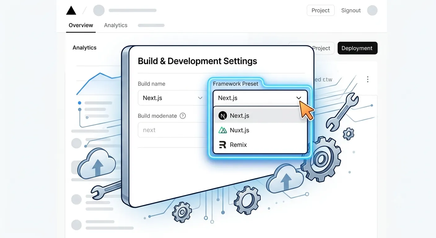 Vercel Build & Development Settings with the Framework Preset dropdown open, showing Next.js, Nuxt.js, and Remix