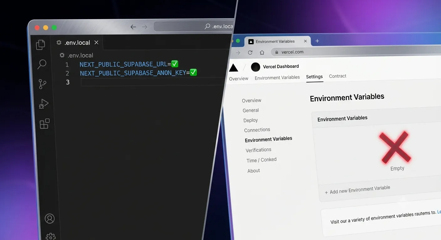 .env.local with Supabase keys set locally next to an empty Vercel Environment Variables dashboard