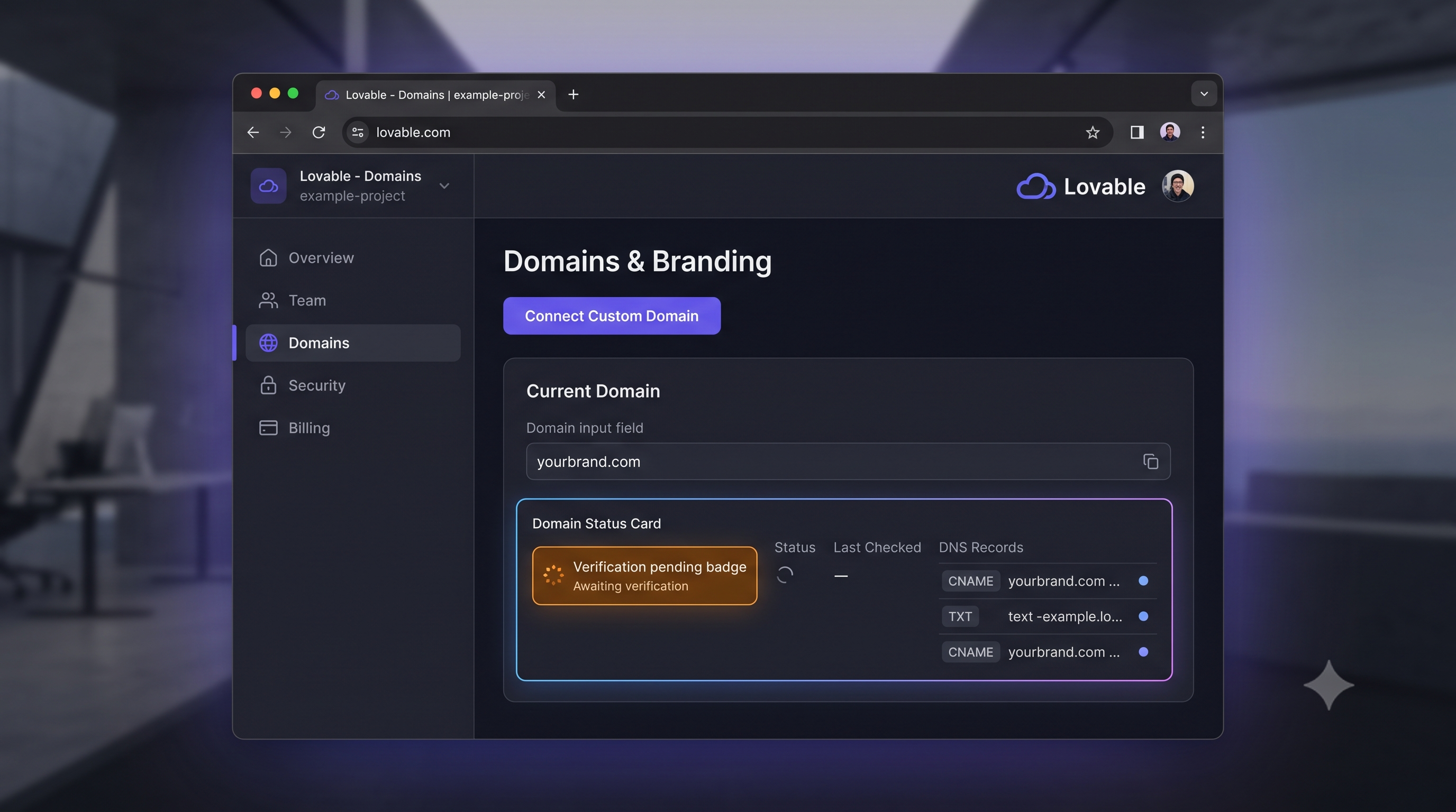 Lovable Domains & Branding screen — Connect Custom Domain button with CNAME and TXT DNS records