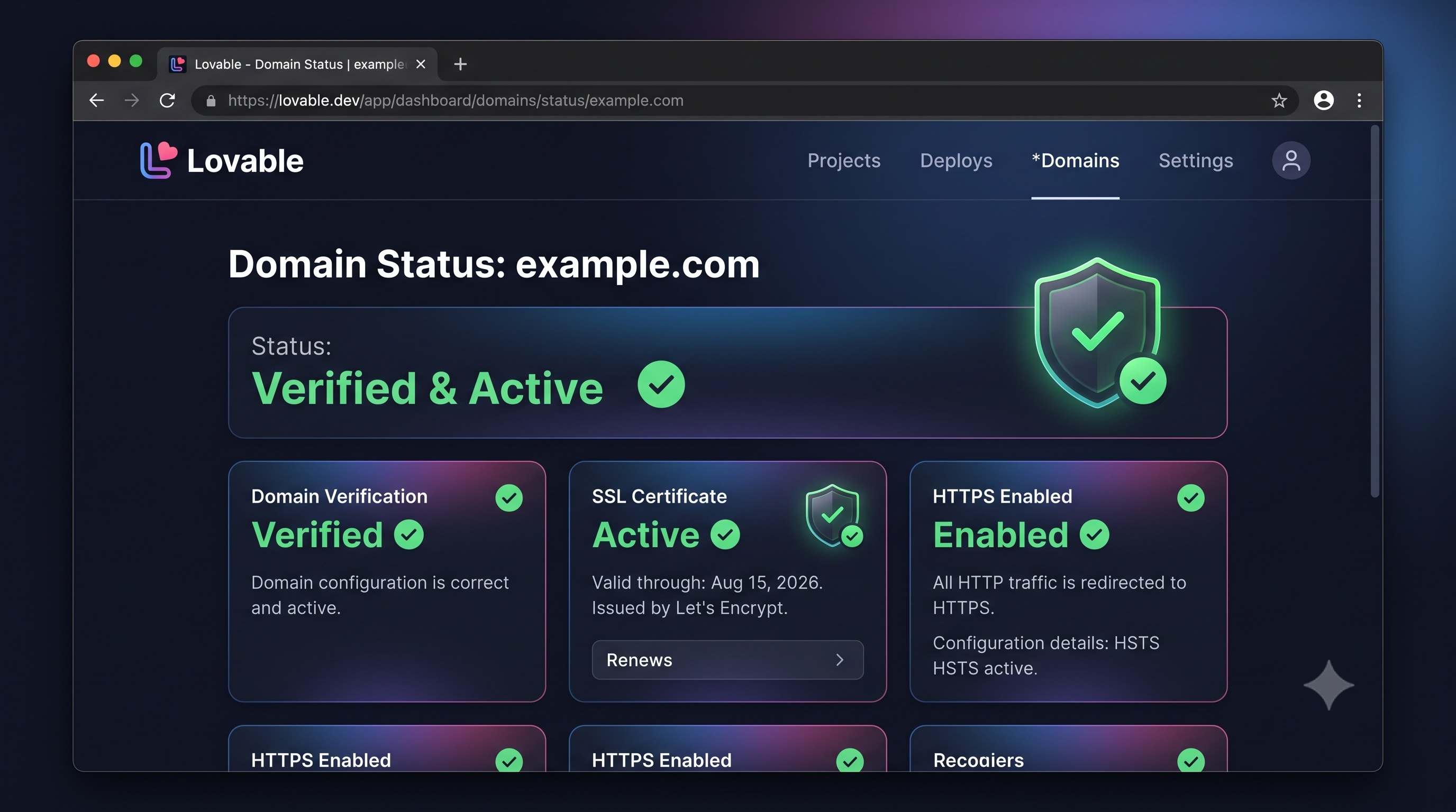 Lovable Domain Status dashboard showing Verified & Active with SSL Certificate and HTTPS Enabled