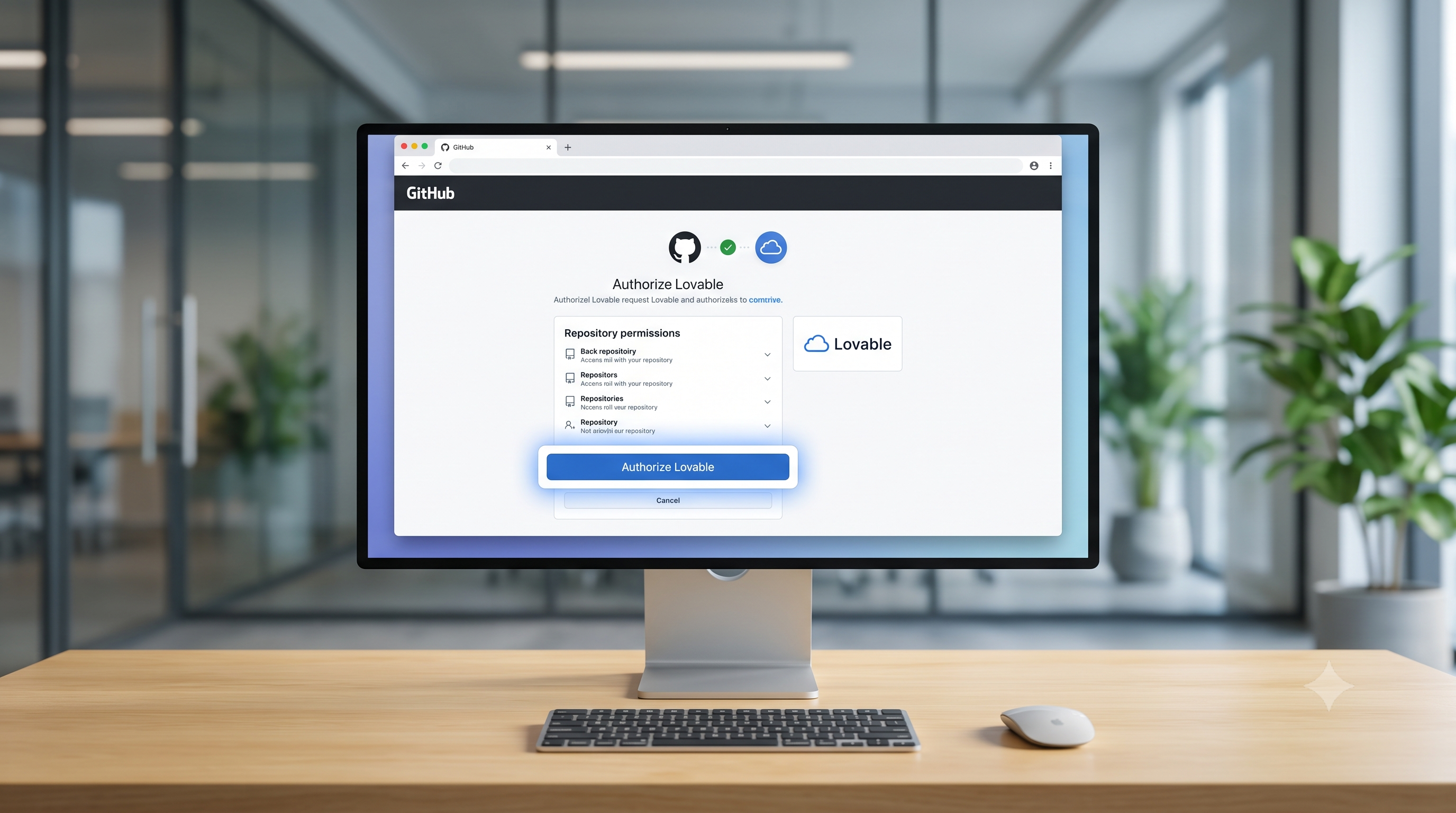 GitHub authorization screen requesting Lovable repository permissions — Authorize Lovable button