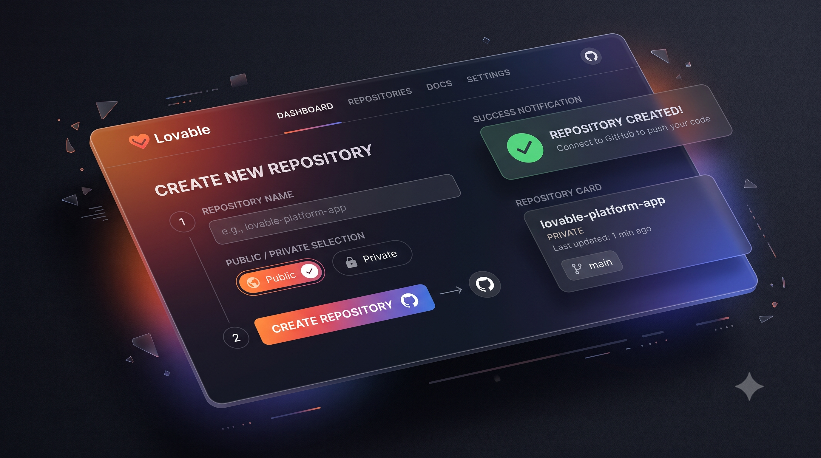 Lovable Create New Repository screen — repository name, Public/Private toggle, and Create Repository button
