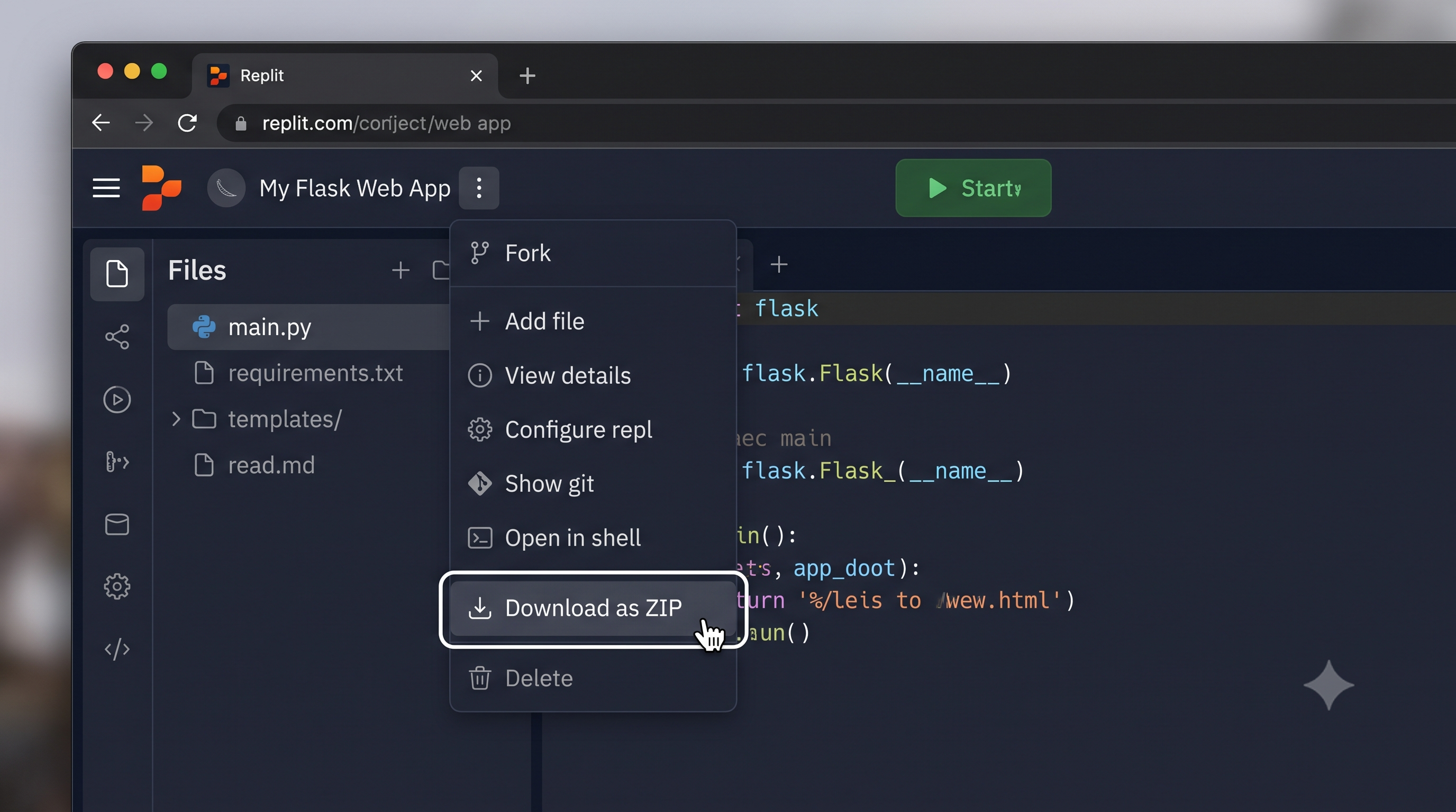 Replit three-dot menu showing the 'Download as ZIP' export option