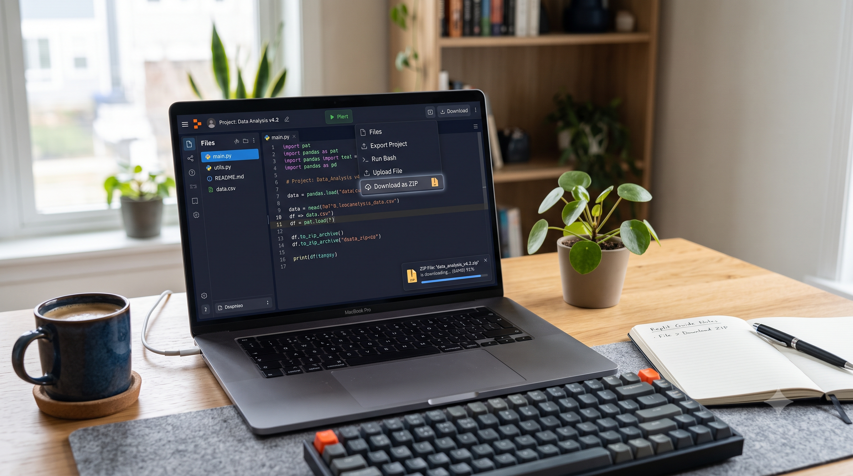 Replit IDE with project files open — ready for ZIP export or GitHub push
