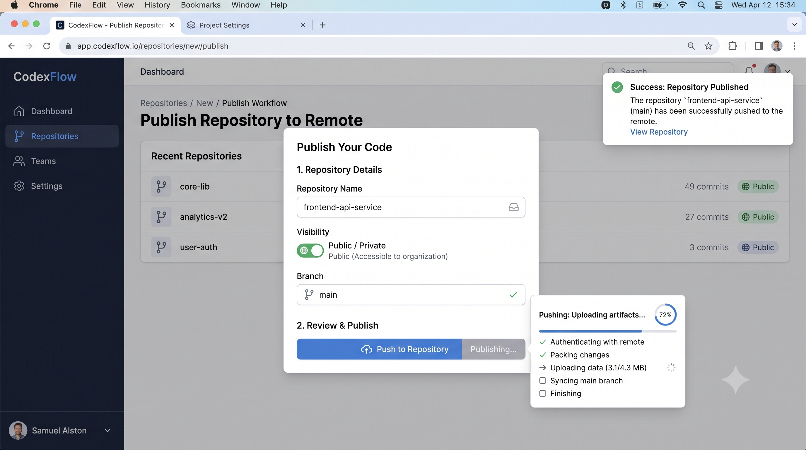 Publishing a Lovable project repository to GitHub remote — Publish Workflow dialog