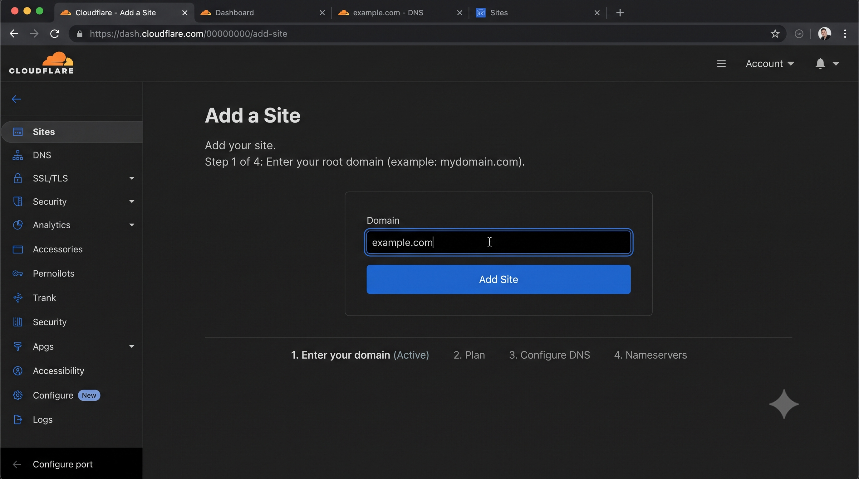 Cloudflare Add a Site dashboard — Step 1 of 4: Enter your root domain to get started