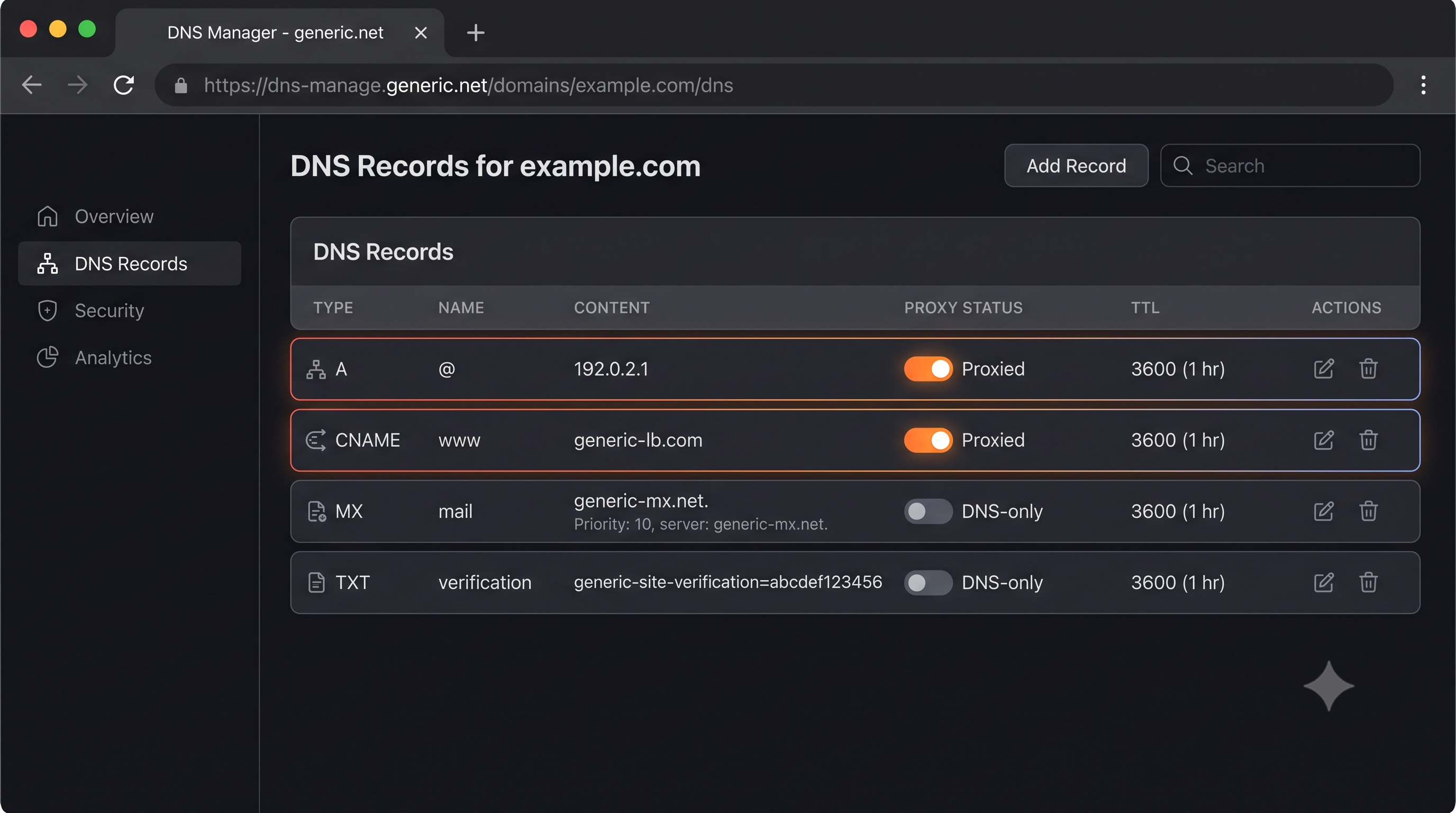 Cloudflare DNS Manager showing imported A, CNAME, MX and TXT records with proxy status