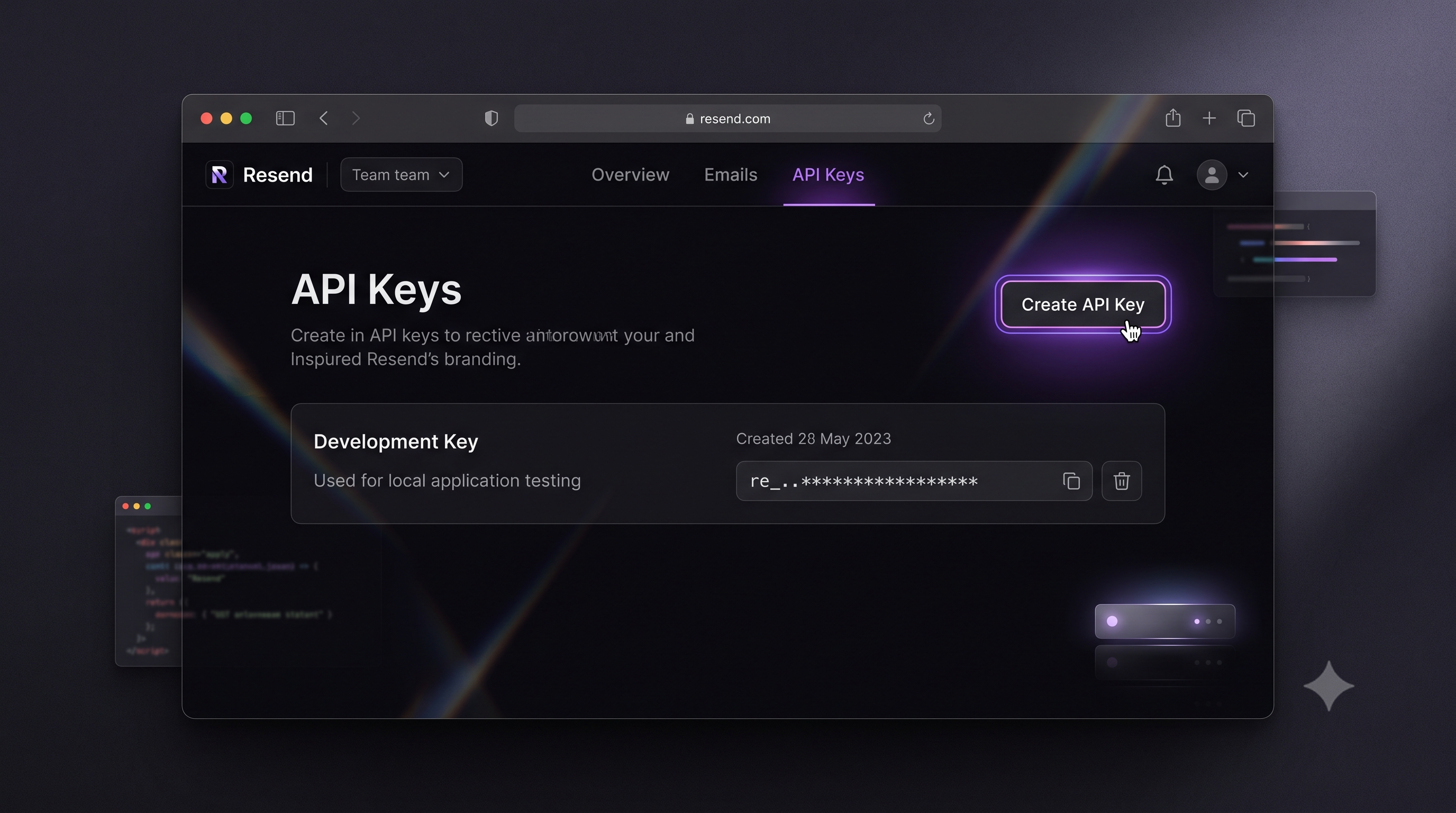 Resend API Keys dashboard — Create API Key button and existing development key