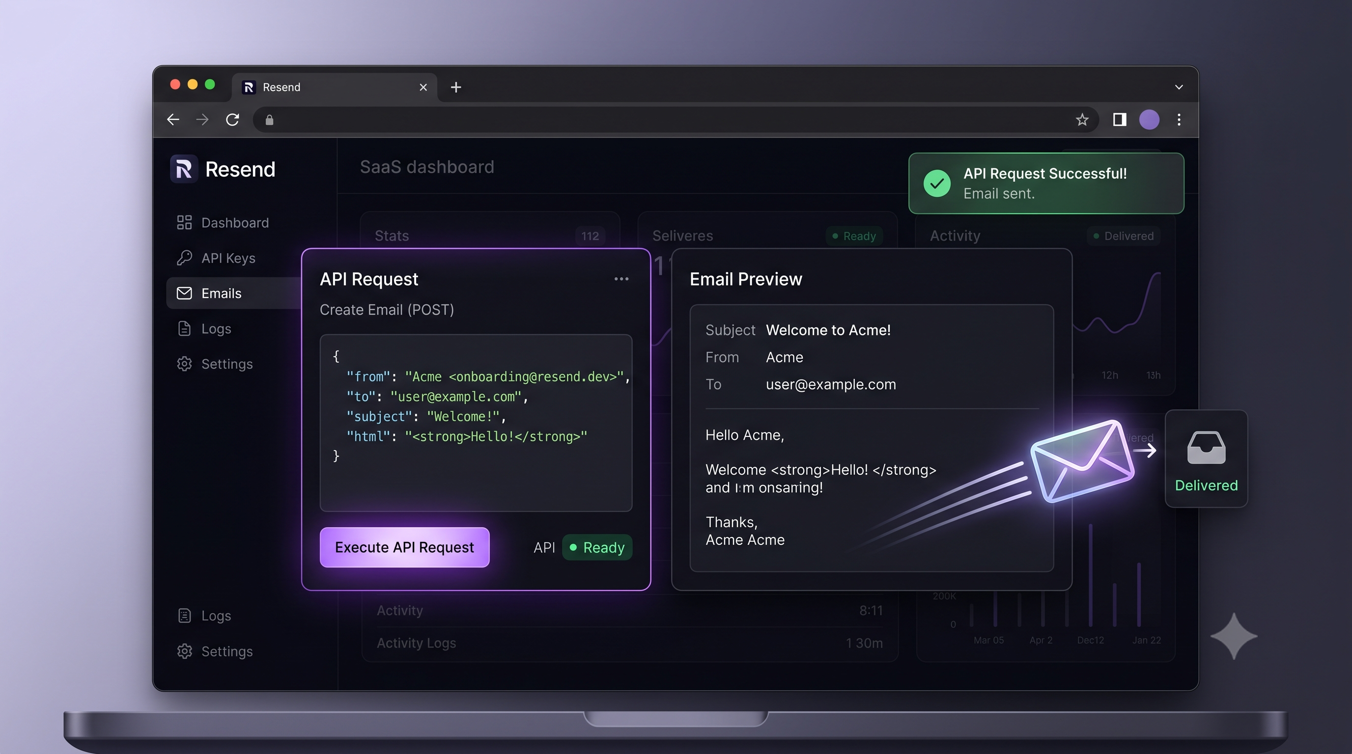 Resend dashboard showing an API POST request and live email preview delivered successfully