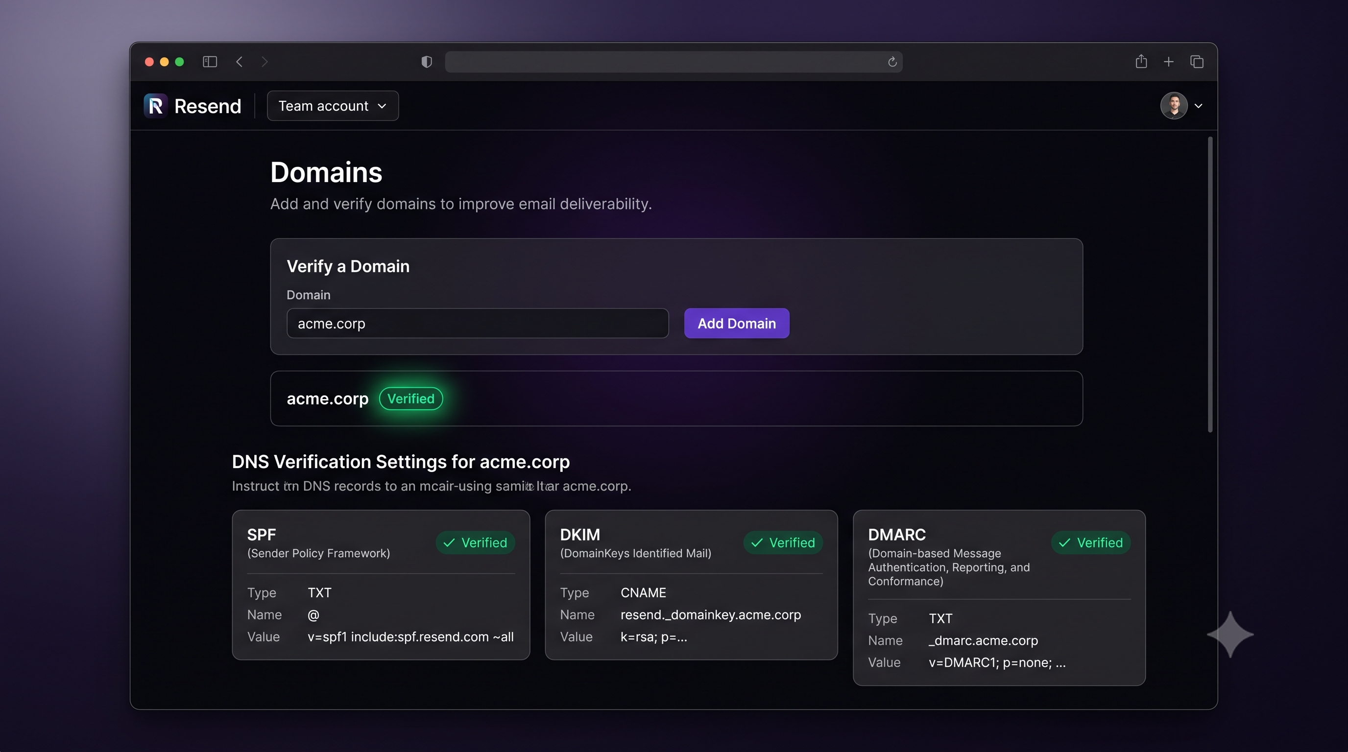 Resend Domains dashboard showing SPF, DKIM, and DMARC DNS verification records for a verified domain